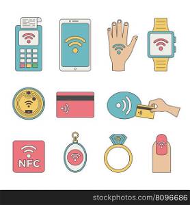 Nfc icon. Smart technology of distance payments and digital gadgets connection smartphones cards paid processes recent vector flat concept collection of nfc payment money, terminal pay illustration. Nfc icon. Smart technology of distance payments and digital gadgets connection smartphones cards paid processes recent vector flat concept pictures collection
