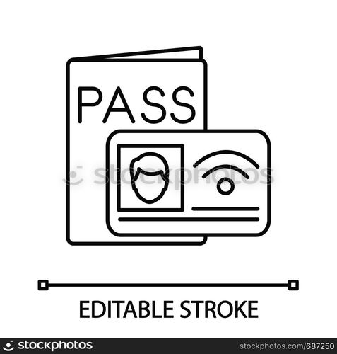 NFC identification system linear icon. Near field communication. Thin line illustration. NFC ID card. Contactless technology. RFID tag. Contour symbol. Vector isolated outline drawing. Editable stroke. NFC identification system linear icon