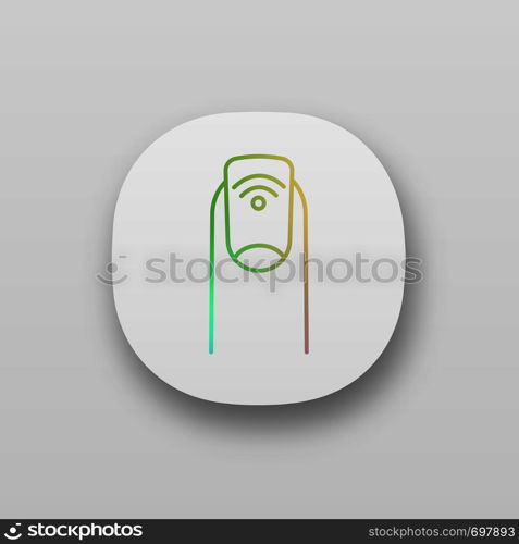 NFC manicure app icon. Nail NFC tag. Near field fingernail. RFID sticker. Contactless technology. UI/UX user interface. Web or mobile application. Vector isolated illustration. NFC manicure app icon