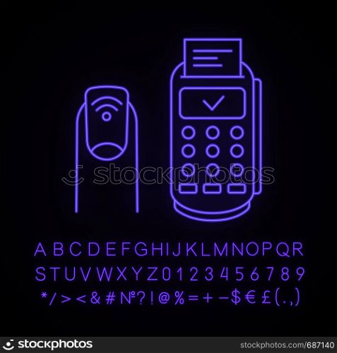 NFC manicure neon light icon. Near field fingernail and payment terminal. RFID sticker on nail. Nail NFC tag. Glowing sign with alphabet, numbers and symbols. Vector isolated illustration. NFC manicure neon light icon