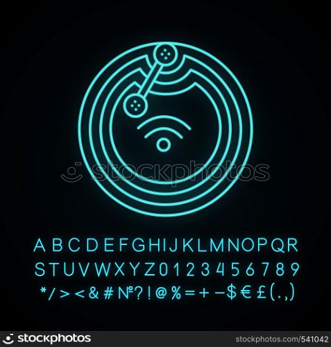 NFC microchip neon light icon. Near field communication. RFID transponder. NFC tag. Contactless technology. Glowing sign with alphabet, numbers and symbols. Vector isolated illustration. NFC microchip neon light icon