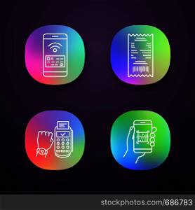 NFC payment app icons set. Cash receipt, QR code scanner, NFC smartphone and smartwatch. UI/UX user interface. Web or mobile applications. Vector isolated illustrations. NFC payment app icons set