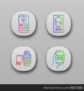 NFC payment app icons set. Cash receipt, QR code scanner, NFC smartphone and smartwatch. UI/UX user interface. Web or mobile applications. Vector isolated illustrations. NFC payment app icons set