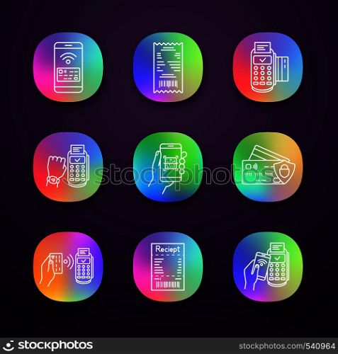 NFC payment app icons set. Pay with smartphone and credit card, cash receipt, POS terminal, QR code scanner, smartwatch. UI/UX user interface. Web or mobile applications. Vector isolated illustrations. NFC payment app icons set