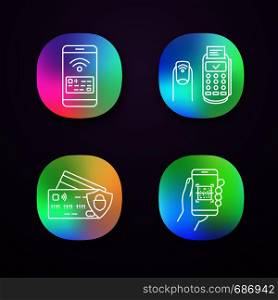NFC payment app icons set. Pay with smartphone, NFC manicure, credit cards, QR code scanner. UI/UX user interface. Web or mobile applications. Vector isolated illustrations. NFC payment app icons set