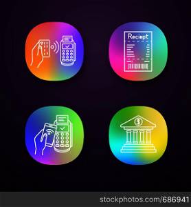 NFC payment app icons set. POS terminal, cash receipt, pay with smartphone, online banking. UI/UX user interface. Web or mobile applications. Vector isolated illustrations. NFC payment app icons set