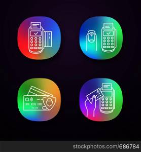 NFC payment app icons set. POS terminal, NFC manicure, credit cards. UI/UX user interface. Web or mobile applications. Vector isolated illustrations. NFC payment app icons set