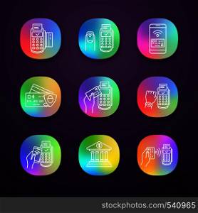 NFC payment app icons set. POS terminal, online banking, pay with smartphone, credit card, NFC smartphone and smartwatch. UI/UX user interface. Web or mobile applications. Vector isolated illustration. NFC payment app icons set