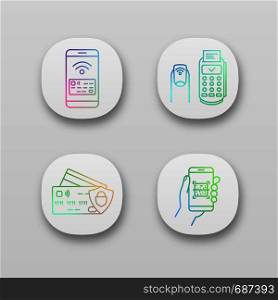 NFC payment app icons set. UI/UX user interface. Pay with smartphone, NFC manicure, credit cards, QR code scanner. Web or mobile applications. Vector isolated illustrations. NFC payment app icons set