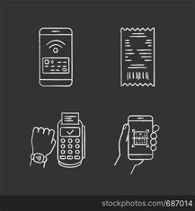NFC payment chalk icons set. Cash receipt, QR code scanner, NFC smartphone and smartwatch. Isolated vector chalkboard illustrations. NFC payment chalk icons set