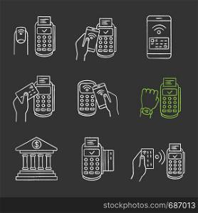 NFC payment chalk icons set. Pay with smartphone and credit card, online banking, POS terminal, NFC smartwatch and manicure. Isolated vector chalkboard illustrations. NFC payment chalk icons set