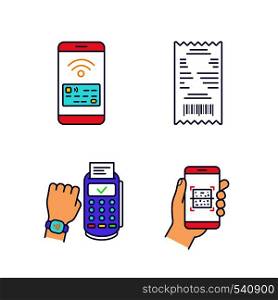 NFC payment color icons set. Cash receipt, QR code scanner, NFC smartphone and smartwatch. Isolated vector illustrations. NFC payment color icons set