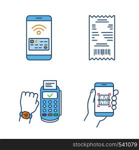 NFC payment color icons set. Cash receipt, QR code scanner, NFC smartphone and smartwatch. Isolated vector illustrations. NFC payment color icons set