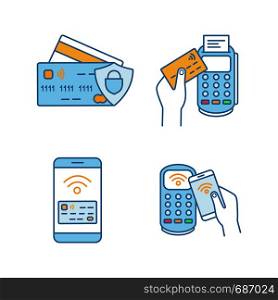 NFC payment color icons set. Credit cards, POS terminal, pay with smartphone. Isolated vector illustrations. NFC payment color icons set