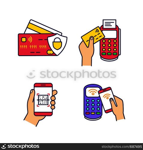 NFC payment color icons set. Credit cards, POS terminal, QR code scanner, pay with smartphone. Isolated vector illustrations. NFC payment color icons set