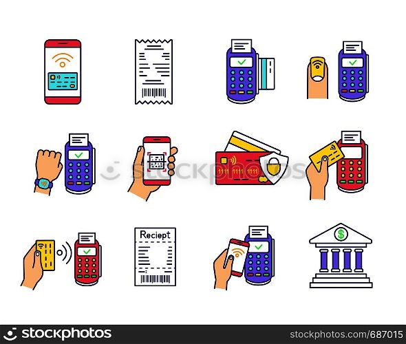 NFC payment color icons set. Electronic money. Cashless and contactless payments. Digital purchase. Online banking. Near Field Communication technology. Isolated vector illustrations. NFC payment color icons set