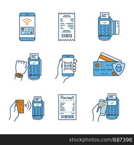 NFC payment color icons set. Pay with smartphone and credit card, cash receipt, POS terminal, QR code scanner, NFC smartwatch. Isolated vector illustrations. NFC payment color icons set