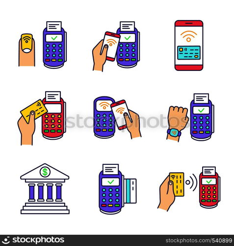NFC payment color icons set. Pay with smartphone and credit card, online banking, POS terminal, NFC smartwatch and manicure. Isolated vector illustrations. NFC payment color icons set