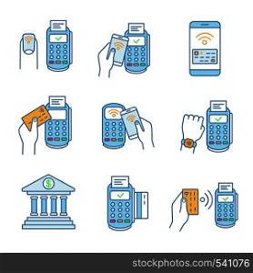NFC payment color icons set. Pay with smartphone and credit card, online banking, POS terminal, NFC smartwatch and manicure. Isolated vector illustrations. NFC payment color icons set