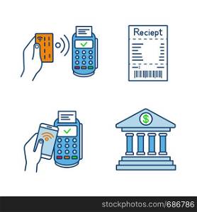 NFC payment color icons set. POS terminal, cash receipt, pay with smartphone, online banking. Isolated vector illustrations. NFC payment color icons set
