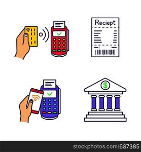 NFC payment color icons set. POS terminal, cash receipt, pay with smartphone, online banking. Isolated vector illustrations. NFC payment color icons set