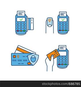 NFC payment color icons set. POS terminal, NFC manicure, credit cards. Isolated vector illustrations. NFC payment color icons set