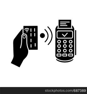 NFC payment glyph icon. POS terminal. Silhouette symbol. Payment terminal. Contactless transaction. Near field communication. E-payment. Negative space. Vector isolated illustration. NFC payment glyph icon