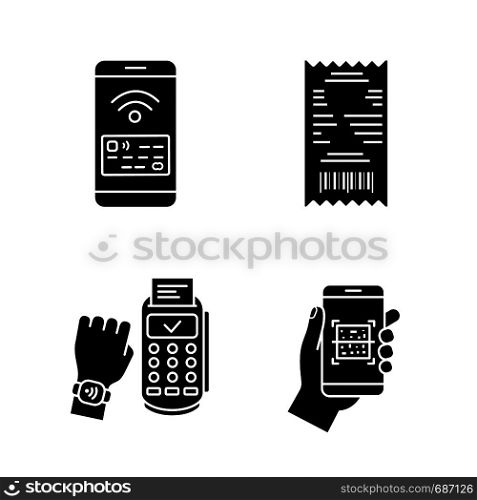 NFC payment glyph icons set. Cash receipt, QR code scanner, NFC smartphone and smartwatch. Silhouette symbols. Vector isolated illustration. NFC payment glyph icons set