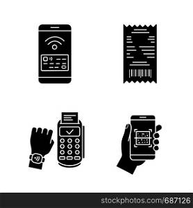 NFC payment glyph icons set. Cash receipt, QR code scanner, NFC smartphone and smartwatch. Silhouette symbols. Vector isolated illustration. NFC payment glyph icons set