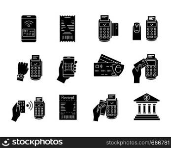 NFC payment glyph icons set. Electronic money. Cashless and contactless payments. Digital purchase. Online banking. Silhouette symbols. Vector isolated illustration. NFC payment glyph icons set