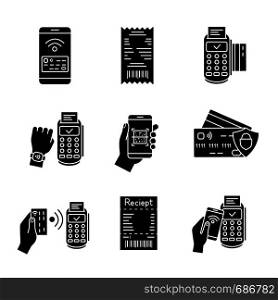 NFC payment glyph icons set. Pay with smartphone and credit card, cash receipt, POS terminal, QR code scanner, NFC smartwatch. Silhouette symbols. Vector isolated illustration. NFC payment glyph icons set