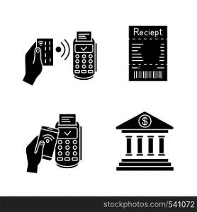 NFC payment glyph icons set. POS terminal, cash receipt, pay with smartphone, online banking. Silhouette symbols. Vector isolated illustration. NFC payment glyph icons set