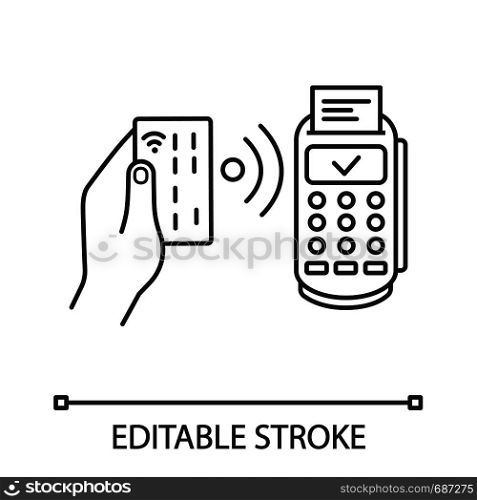 NFC payment linear icon. POS terminal. Thin line illustration. Payment terminal. Contactless transaction. E-payment. Contour symbol. Vector isolated outline drawing. Editable stroke. NFC payment linear icon