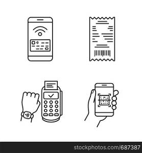 NFC payment linear icons set. Cash receipt, QR code scanner, NFC smartphone and smartwatch. Thin line contour symbols. Isolated vector outline illustrations. Editable stroke. NFC payment linear icons set