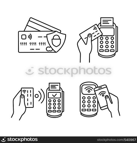NFC payment linear icons set. Credit cards, POS terminal, pay with smartphone. Thin line contour symbols. Isolated vector outline illustrations. Editable stroke. NFC payment linear icons set