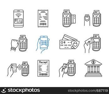 NFC payment linear icons set. Electronic money. Cashless and contactless payments. Digital purchase. Online banking. Thin line contour symbols. Isolated vector outline illustrations. Editable stroke. NFC payment linear icons set
