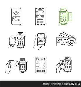 NFC payment linear icons set. Pay with smartphone and credit card, cash receipt, POS terminal, QR code scanner, NFC smartwatch. Thin line. Isolated vector outline illustrations. Editable stroke. NFC payment linear icons set
