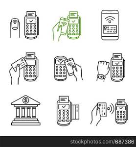NFC payment linear icons set. Pay with smartphone and credit card, online banking, POS terminal, NFC smartwatch and manicure. Thin line. Isolated vector outline illustrations. Editable stroke. NFC payment linear icons set