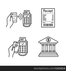 NFC payment linear icons set. POS terminal, cash receipt, pay with smartphone, online banking. Thin line contour symbols. Isolated vector outline illustrations. Editable stroke. NFC payment linear icons set