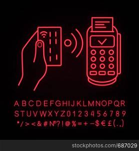NFC payment neon light icon. POS terminal. Glowing sign with alphabet, numbers and symbols. Payment terminal. Contactless transaction. Near field communication. E-payment. Vector isolated illustration. NFC payment neon light icon