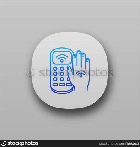 NFC payment terminal app icon. Payment with NFC sticker. POS terminal and hand with RFID tag. UI/UX user interface. E-payment. Web or mobile application. Vector isolated illustration. NFC payment terminal app icon