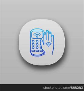 NFC payment terminal app icon. Payment with NFC sticker. POS terminal and hand with RFID tag. UI/UX user interface. E-payment. Web or mobile application. Vector isolated illustration. NFC payment terminal app icon