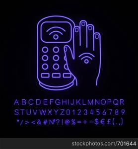 NFC payment terminal neon light icon. Payment with NFC sticker. POS terminal and hand with RFID tag. Glowing sign with alphabet, numbers and symbols. E-payment. Vector isolated illustration. NFC payment terminal neon light icon