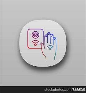 NFC reader app icon. RFID access control. UI/UX user interface. NFC button and hand sticker. Near field communication. RFID elevator controller. Web or mobile application. Vector isolated illustration. NFC reader app icon