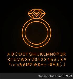 NFC ring neon light icon. Near field communication. RFID transponder. Smart ring. Contactless technology. Glowing sign with alphabet, numbers and symbols. Vector isolated illustration. NFC ring neon light icon