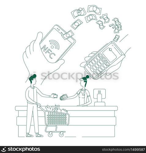 NFC shopping, e-pay thin line concept vector illustration. People with smartphone and terminal, customer and cashier 2D cartoon characters for web design. Payment app creative idea