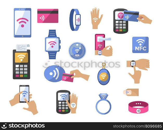 Nfc. Smart connection smartphones for pos paid terminal smart systems of distance payments recent vector flat pictures set isolated of smartphone payment, electronic transaction nfc illustration. Nfc. Smart connection smartphones for pos paid terminal smart systems of distance payments recent vector flat pictures set isolated