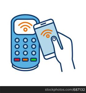 NFC smartphone payment color icon. NFC phone and POS terminal. Near field communication. Mobile phone contactless payment. Isolated vector illustration. NFC smartphone payment color icon