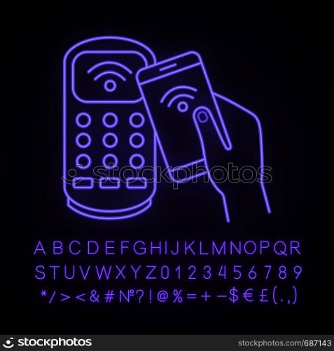 NFC smartphone payment neon light icon. NFC phone and POS terminal. Glowing sign with alphabet, numbers and symbols. Mobile phone contactless payment. Vector isolated illustration. NFC smartphone payment neon light icon