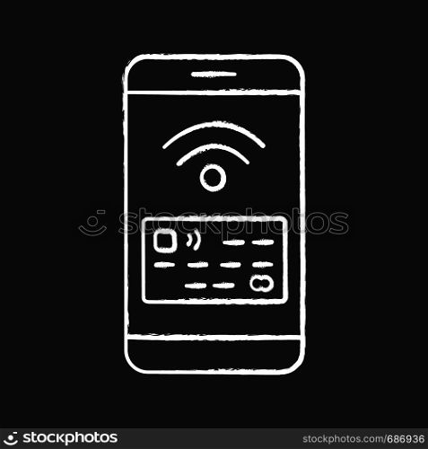 NFC smartphone signal chalk icon. NFC phone. Near field communication. Mobile phone contactless payment. Telephone screen with credit card. Isolated vector chalkboard illustration. NFC smartphone signal chalk icon